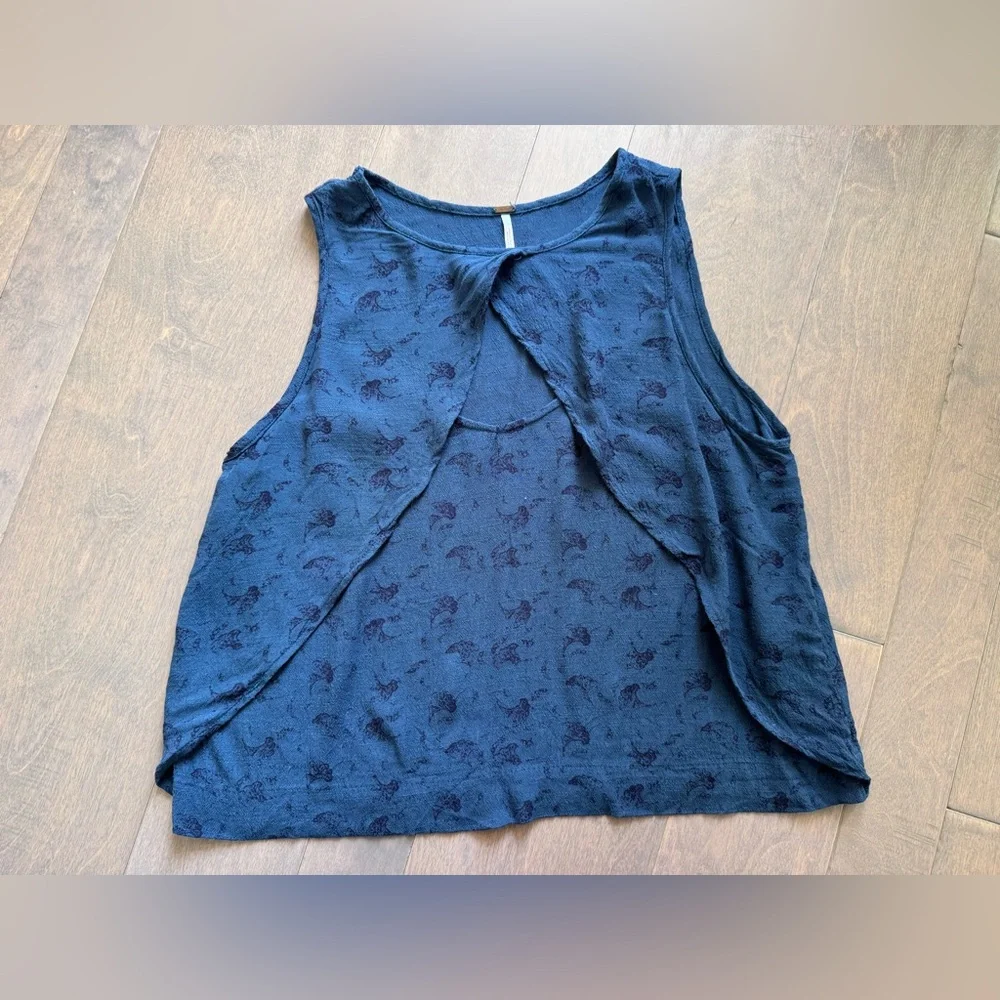 Free People Crinkle Printed Look Through Top-Indigo Combo
